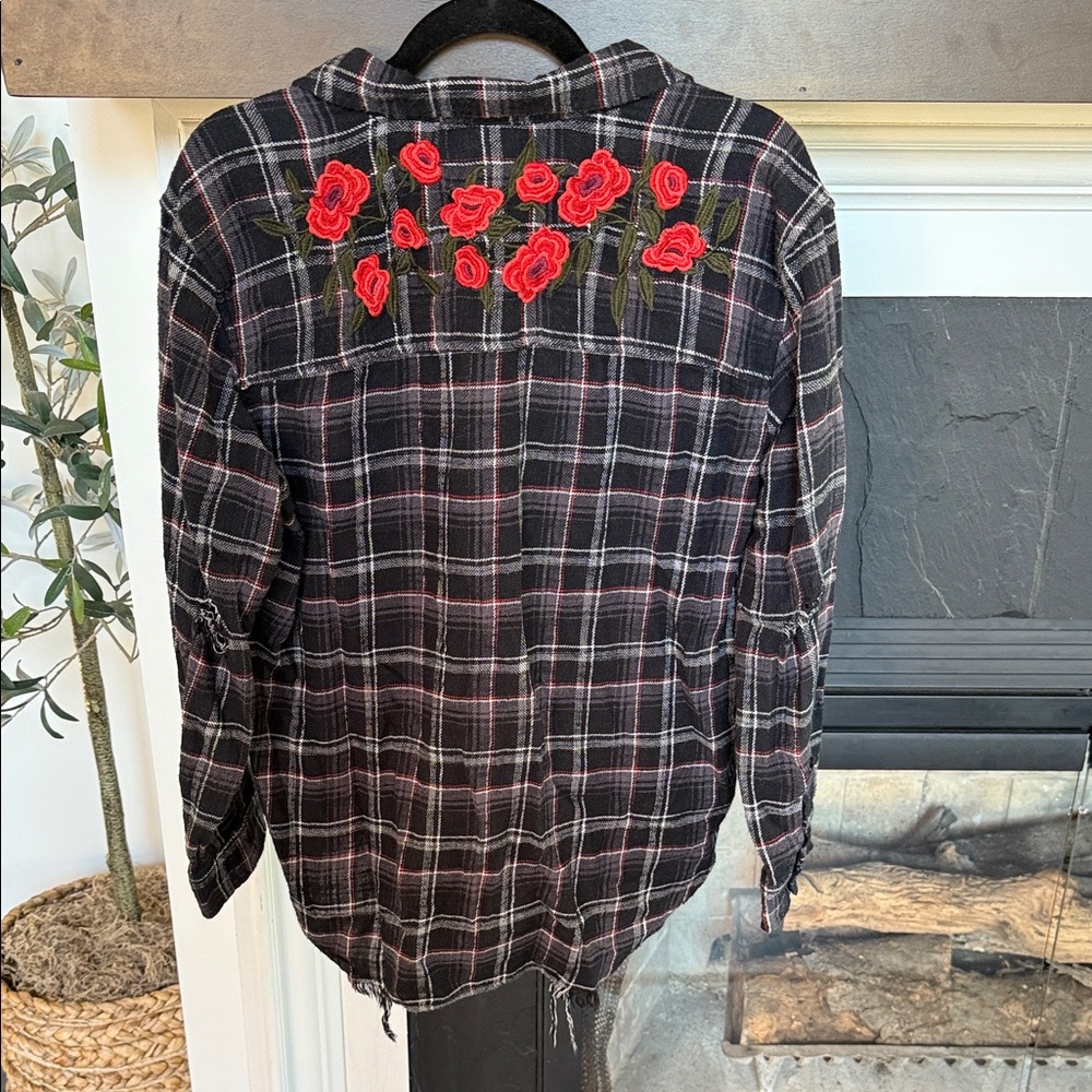 American Eagle Plaid Shirt with Red Floral Embroidery